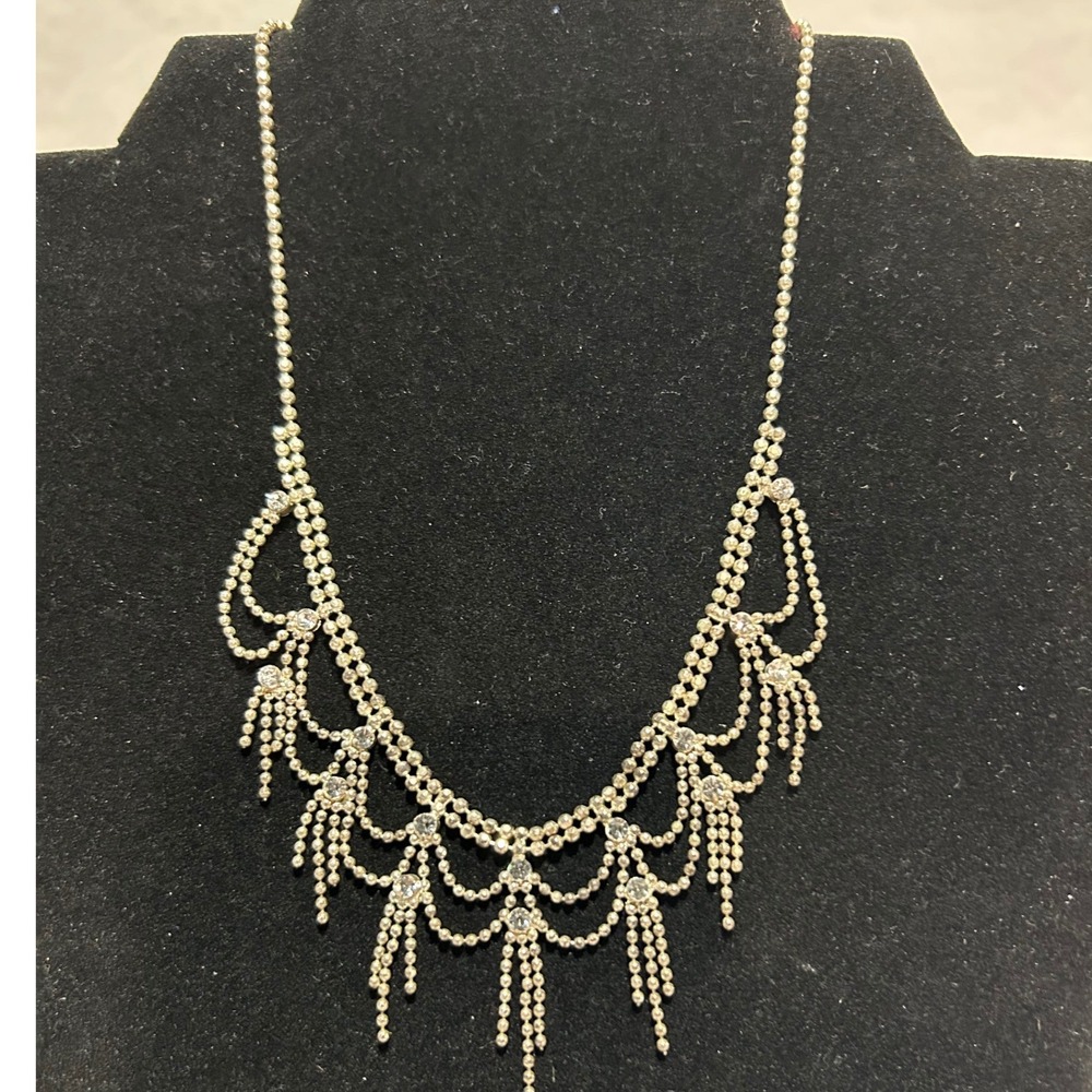 Bib Necklace Silver Rhinestone Chandelier Draped‎ Ball Chain Tassels Regency 14"